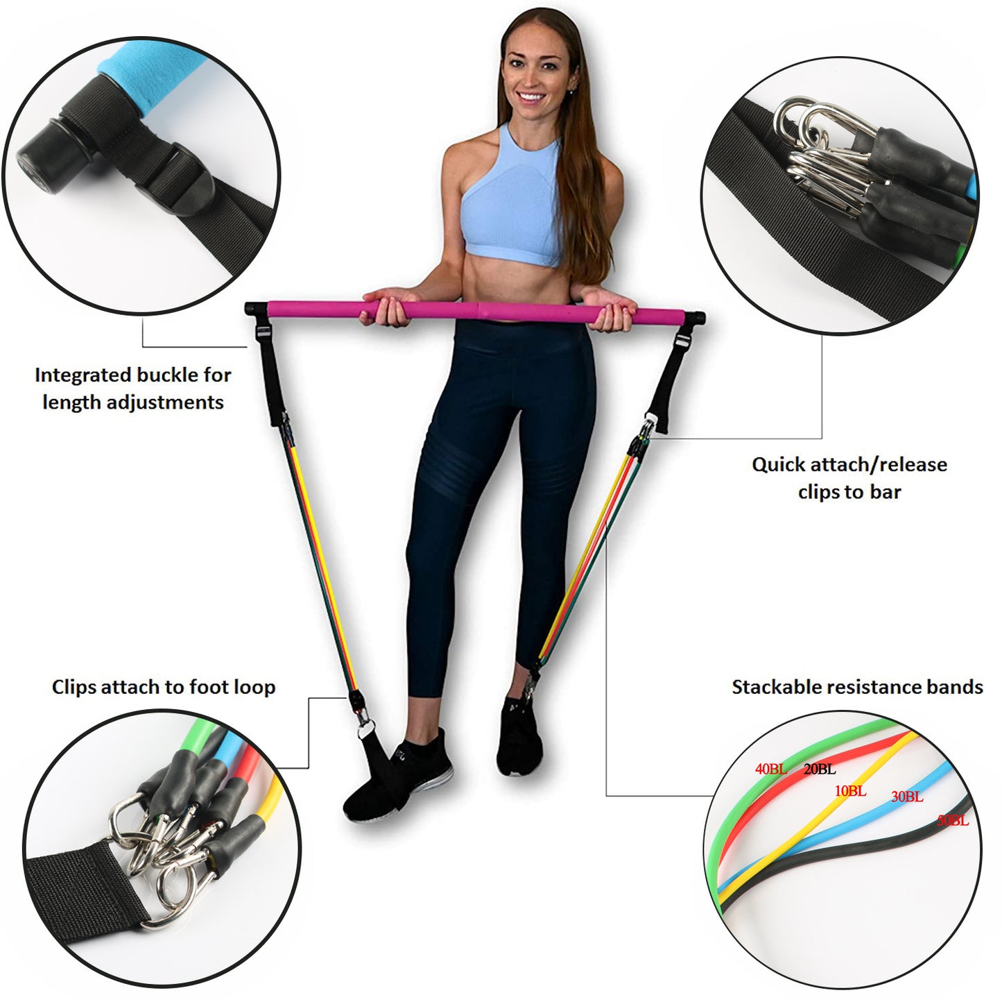 Portable Pilates Bar with resistance bands